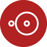Red circle with two white circles, one large and one small, inside.